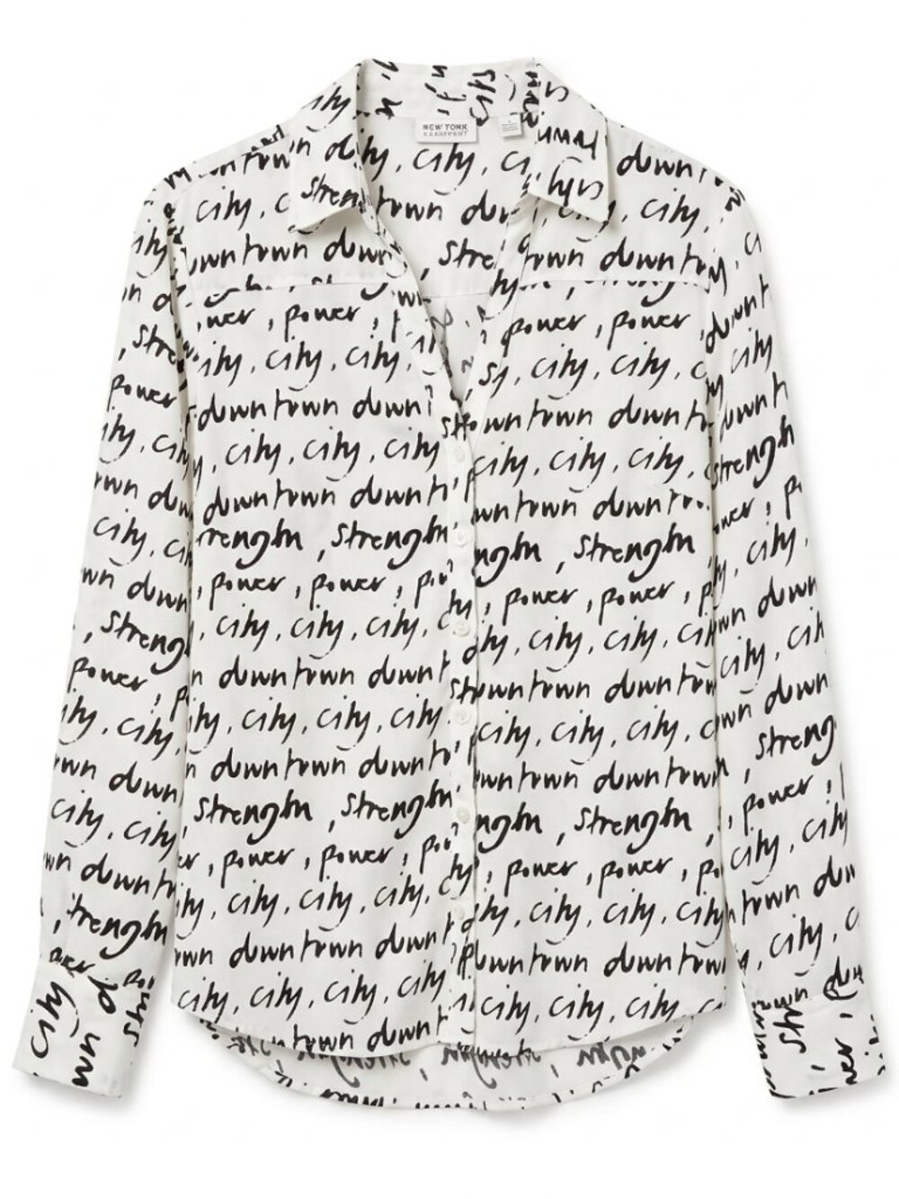 New York & Company White & Black Script Print Button-Down Blouse